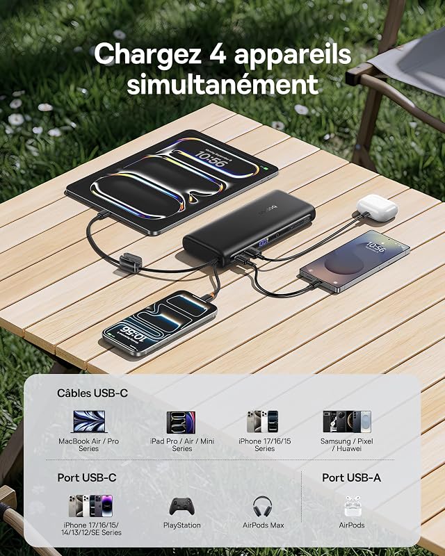 FC41 Batterie Externe 145 W 25000 mAh pour Ordinateur Portable, Charge Rapide avec 2 câbles USB-C intégrés, Batteries externes pour MacBook Pro, iPhone 17/16/15, Dell, HP, SteamDeck, Samsung