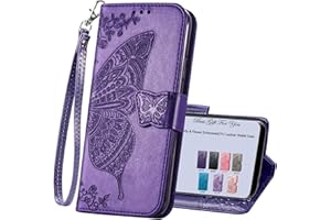 HAOTP for Samsung Galaxy A15 5G Phone Case Wallet,Women Flip Folio Cover Credit Card Holders Emboss Butterfly Flower PU Leather Purse Wrist Strap Kickstand Case for Samsung Galaxy A15 5G Purple