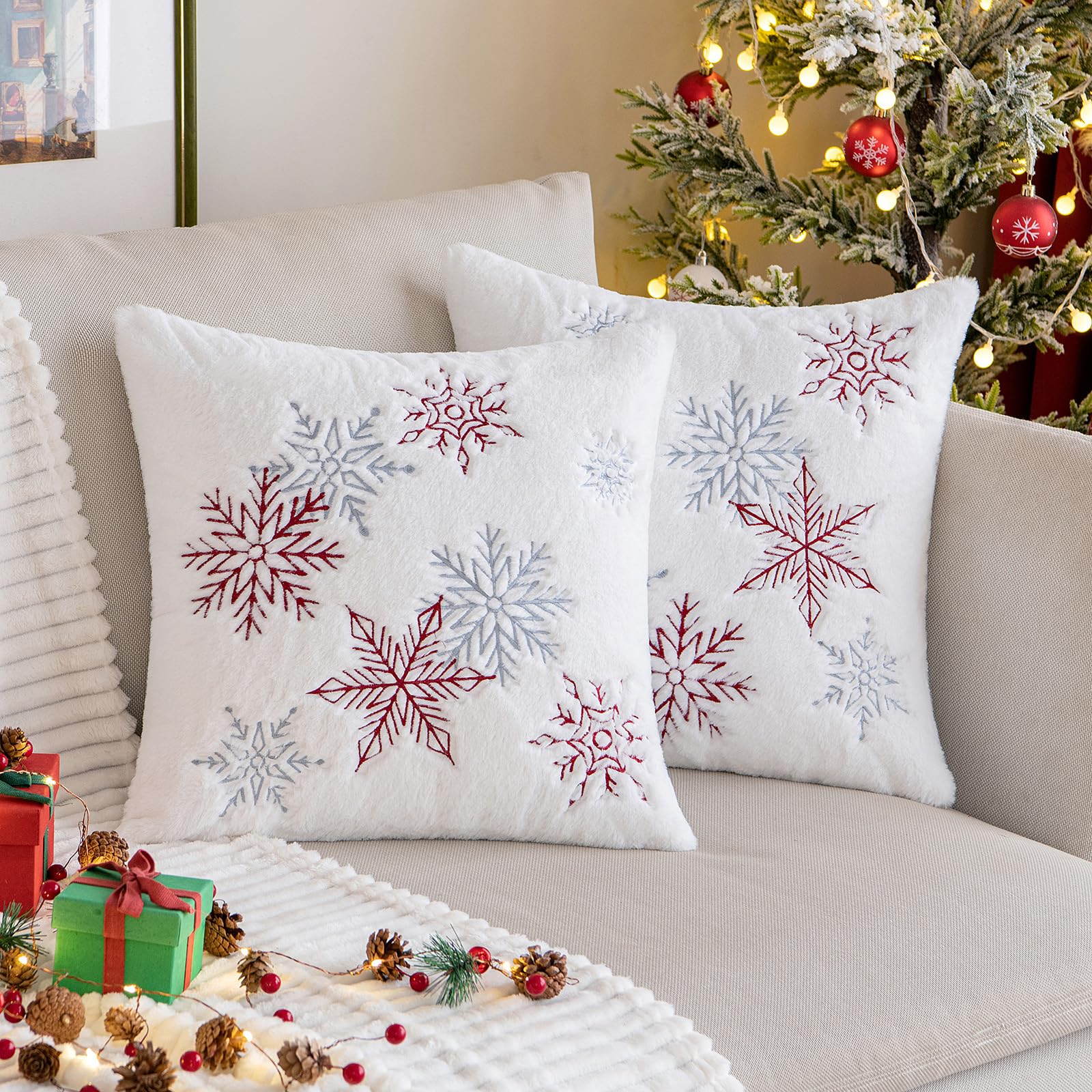 MIULEE Set of 2 Christmas Cushion Covers Snow Embroidery Decorative Pillowcase Faux Fur Soft and Cosy Cushion Cover Sofa Cushion Decorative Cushion Decoration for Living Room 40x40cm Wine Red — image 1