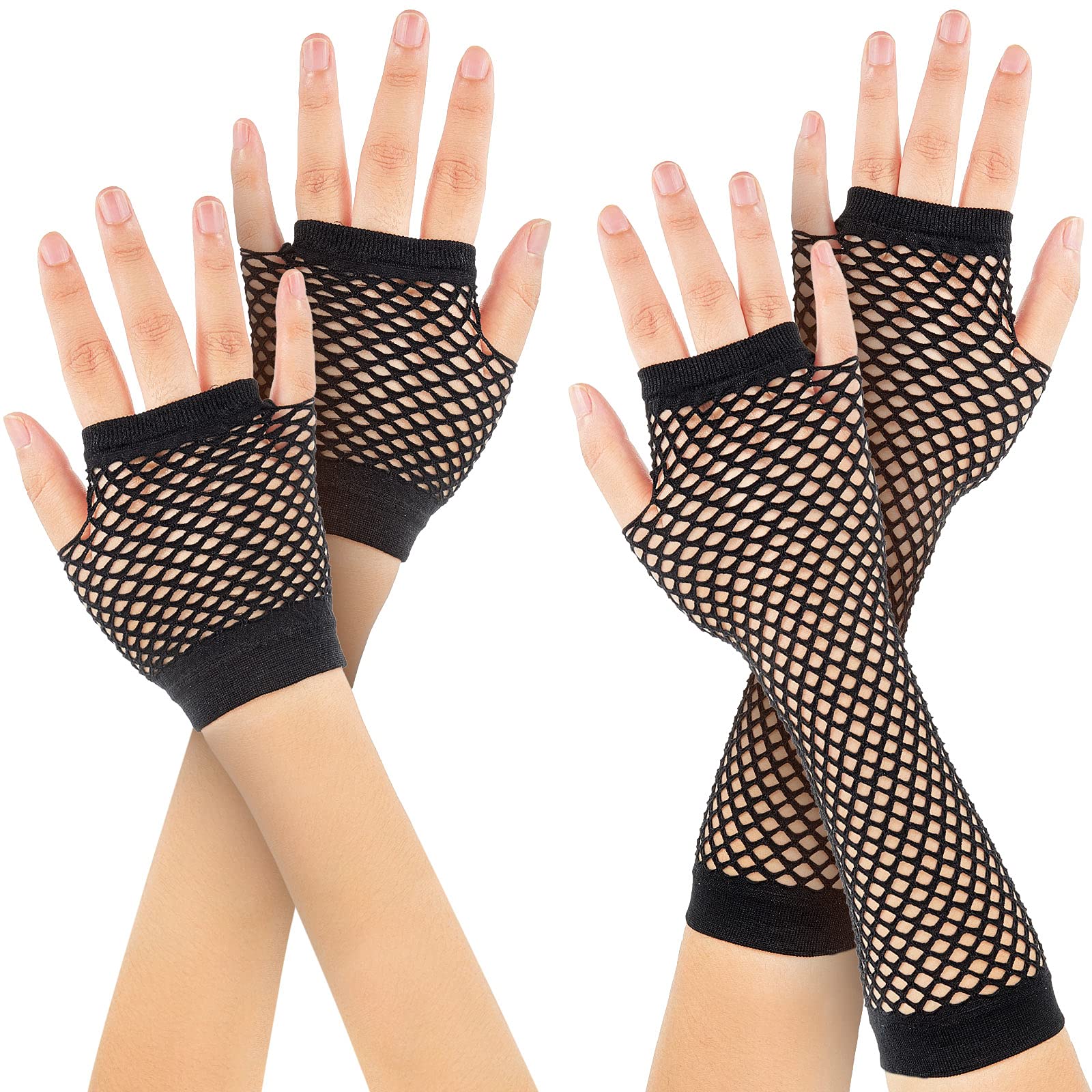 Bencailor 2 Pairs Fishnet Gloves Long and Short Mesh Fingerless Glove Halloween 80s Fancy Costume Party for Women(Black)