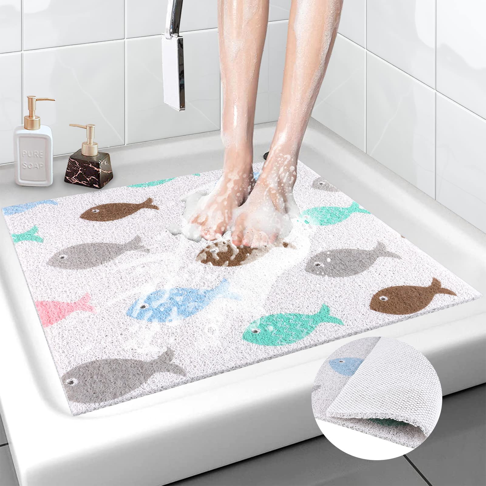Shower Mat Bath Mat Non Slip Anti Mould Bathroom Bath Mat for Inside Bath, Soft PVC Loofah Shower Mat for Inside Shower with Excellent Permeability, Dirt-resistant, Cuttable (60 x 60 cm, Fish)