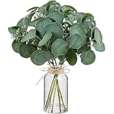 14" Artificial Eucalyptus Stems in Glass Vase with Faux Water, Realistic Eucalyptus Leaves Fake Plant Branch Greenery Decoration for Home Farmhouse Bathroom Kitchen Wedding Centerpiece Table Décor