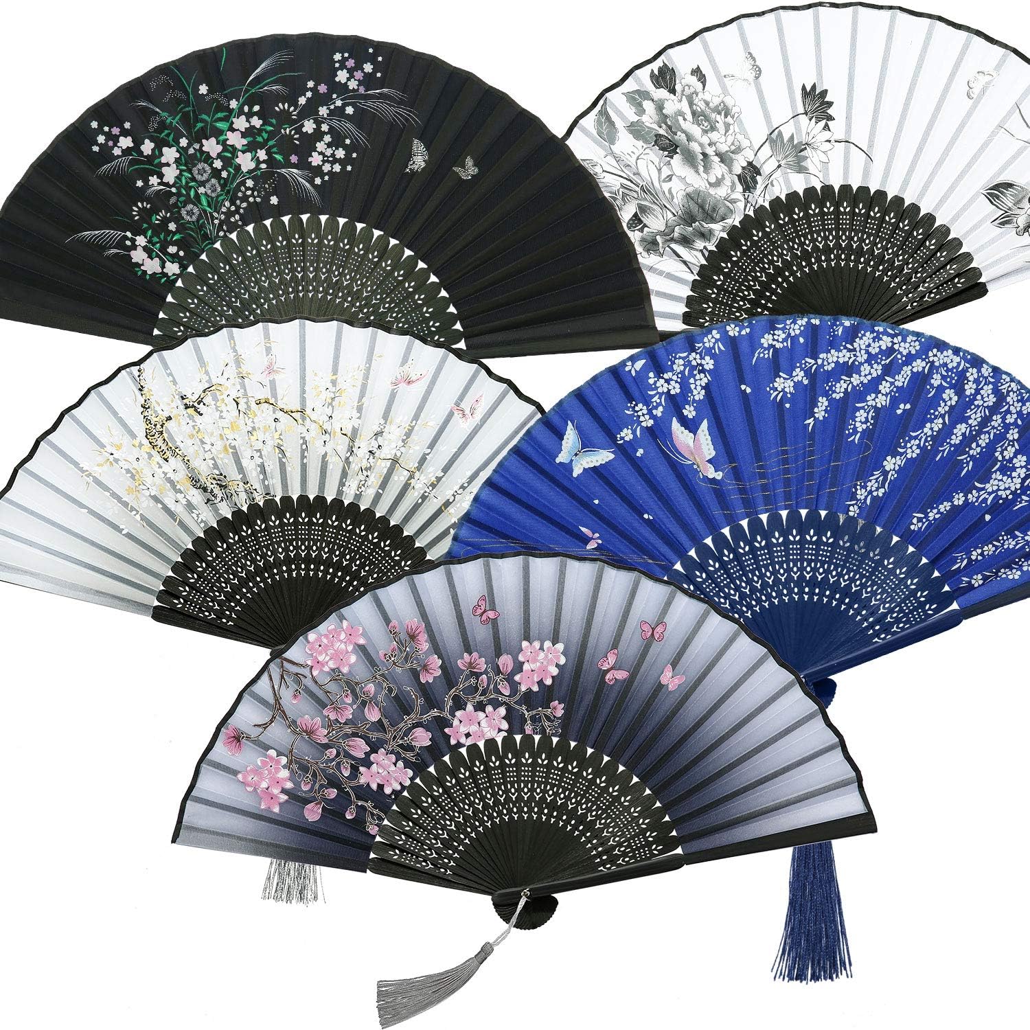 5 Pieces Handheld Floral Folding Fans Vintage Retro Hand Held Fans Silk Bamboo Fans
