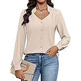 Blooming Jelly Womens Dressy Casual Blouses V Neck Long Sleeve Shirts Button Down Pleated Clothing Trendy Tops 2025(L,Apricot01)