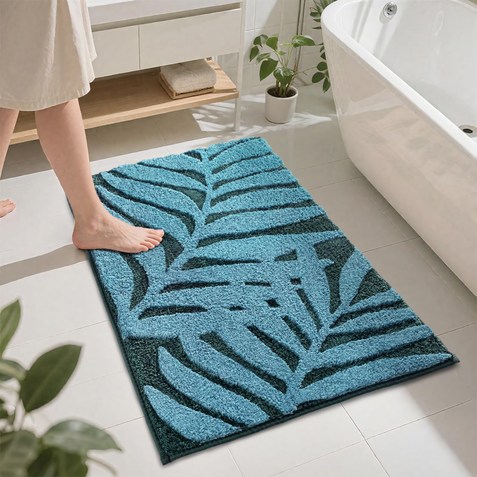 Photo 1 of Teal Bathroom Rugs 20x32, Leaf Bath Mats, Non-Slip Washable Bathroom Runner, Plush Fluffy Soft Absorbent Microfiber Bath Rug for Sink Basin Bathtub Shower Bedroom Floor