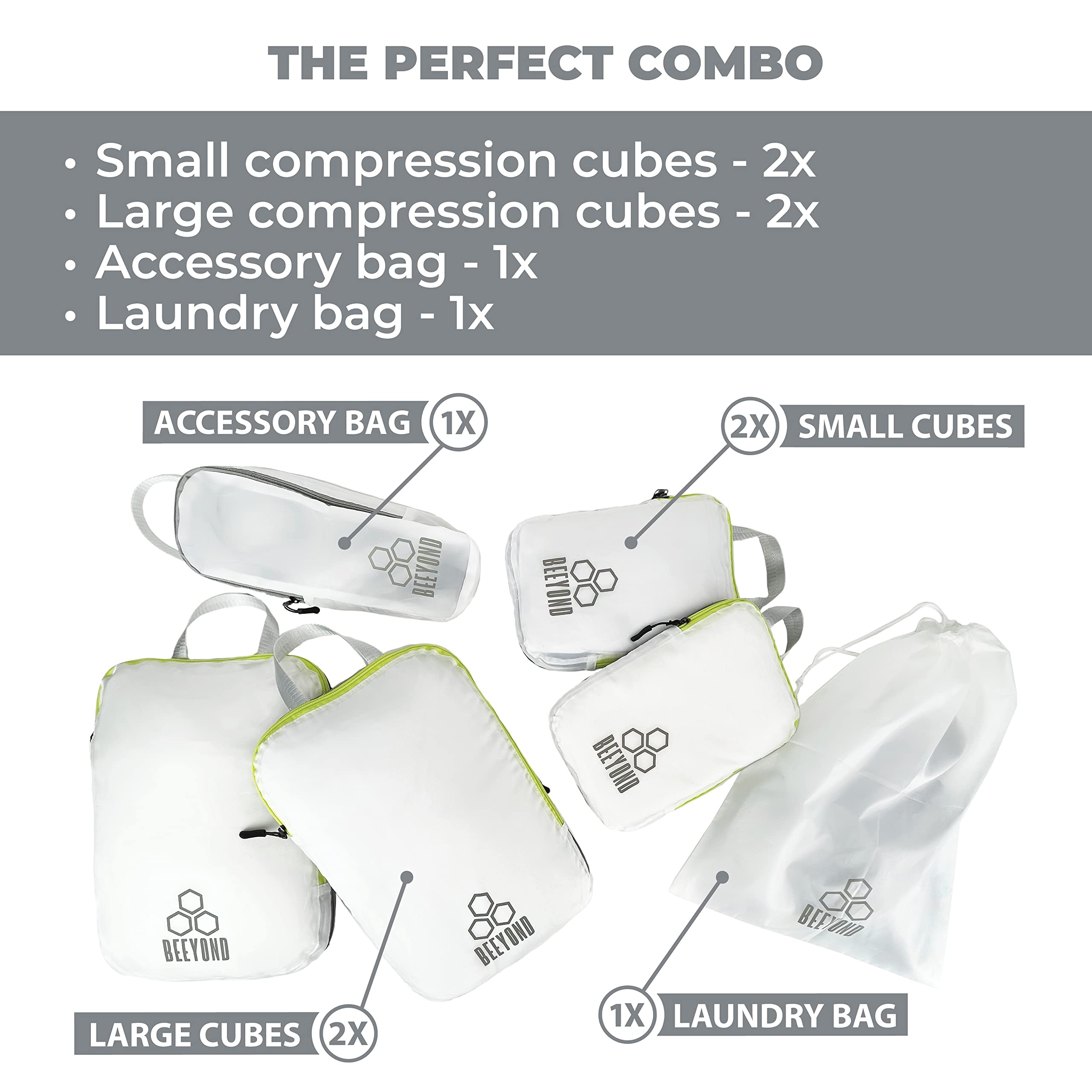 Beeyond Compression Packing Cubes Set - 6 Pieces for Travel and Luggage Organization, Includes Large & Small Cubes, Accessories Bag, and Laundry Bag