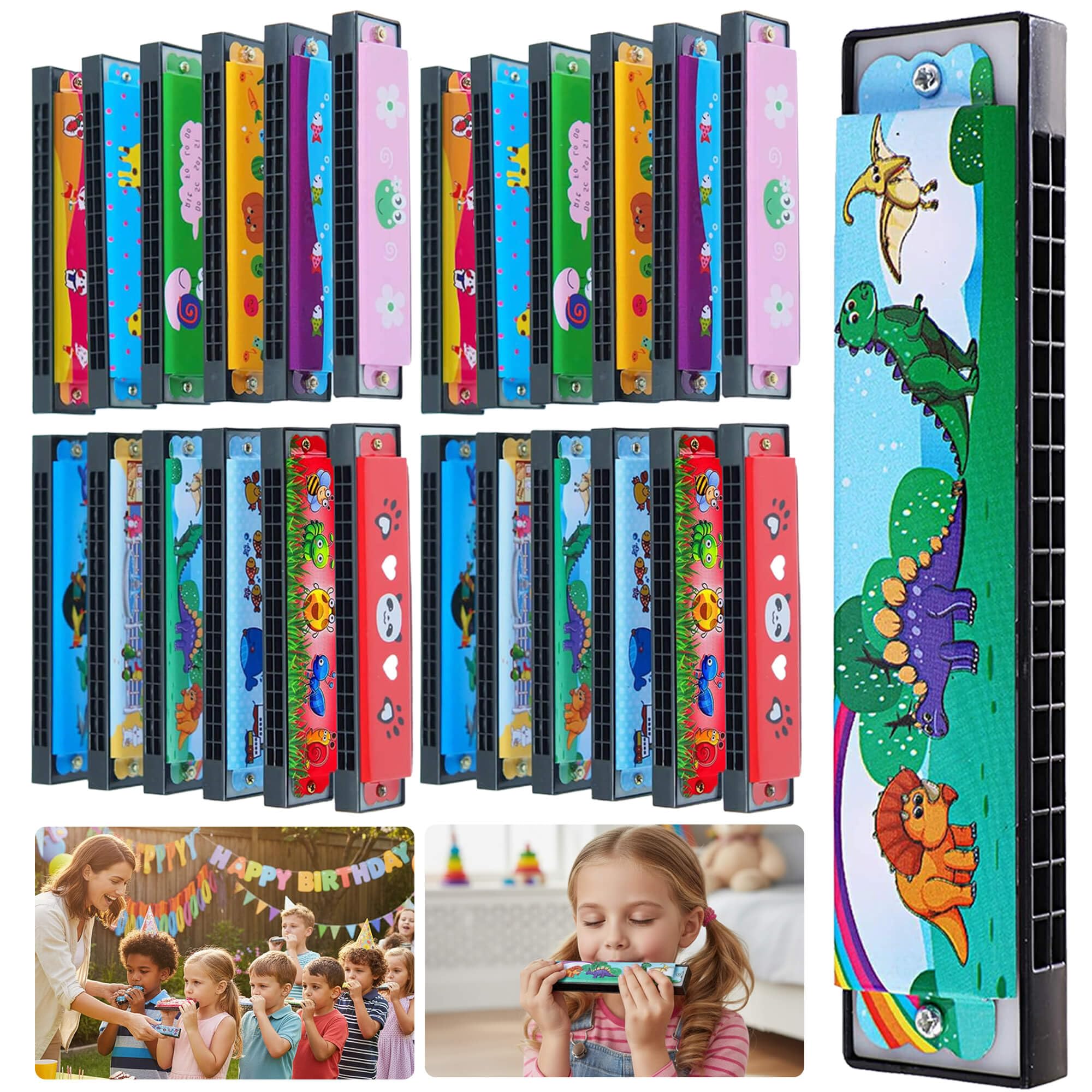 Bertork 24 Pack Kids Harmonicas Birthday Party Favors - Colorful Cartoon Music Toys for Boys Girls Age 3-12, Goodie Bag Stuffers