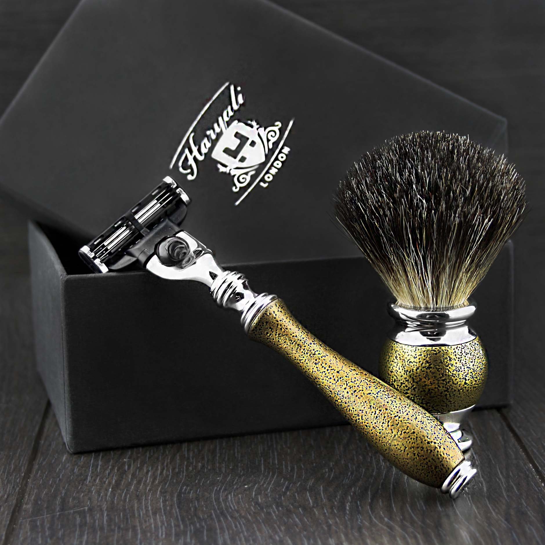 Golden Antique Handle 2 PCs Men's Shaving Set with Triple Edge Razor (Replaceable Head) with Pure Black Badger Hair Brush. Comes in a Designer Box.Perfect As a Gift to HIM.