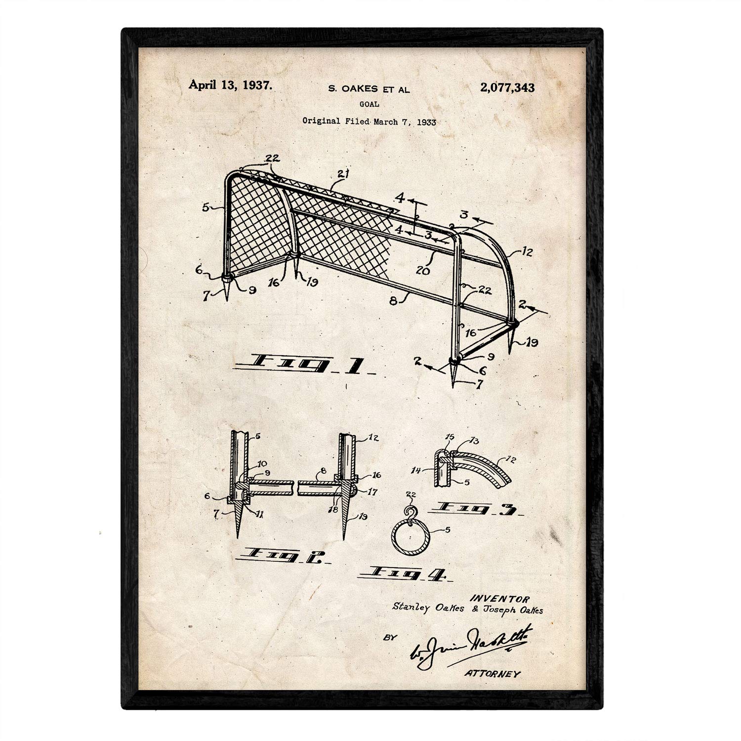 Nacnic Poster patent football goal. Sheet with old design patent in A3 size and vintage background
