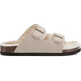 VIVASHOES Faux Suede Twin Strap Big Buckle Suede Slide Sandals for Women &ndash; Cozy Double Strap Slip-On with Adjustable Buckles &amp; Cork Footbed &ndash; Soft House Sandals for Indoor &amp; Outdoor Comfort