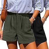 Neer 2 Pack Women's Linen Shorts Elastic Waist Casual Comfy Summer Pull on Beach Shorts with Patch Pocket