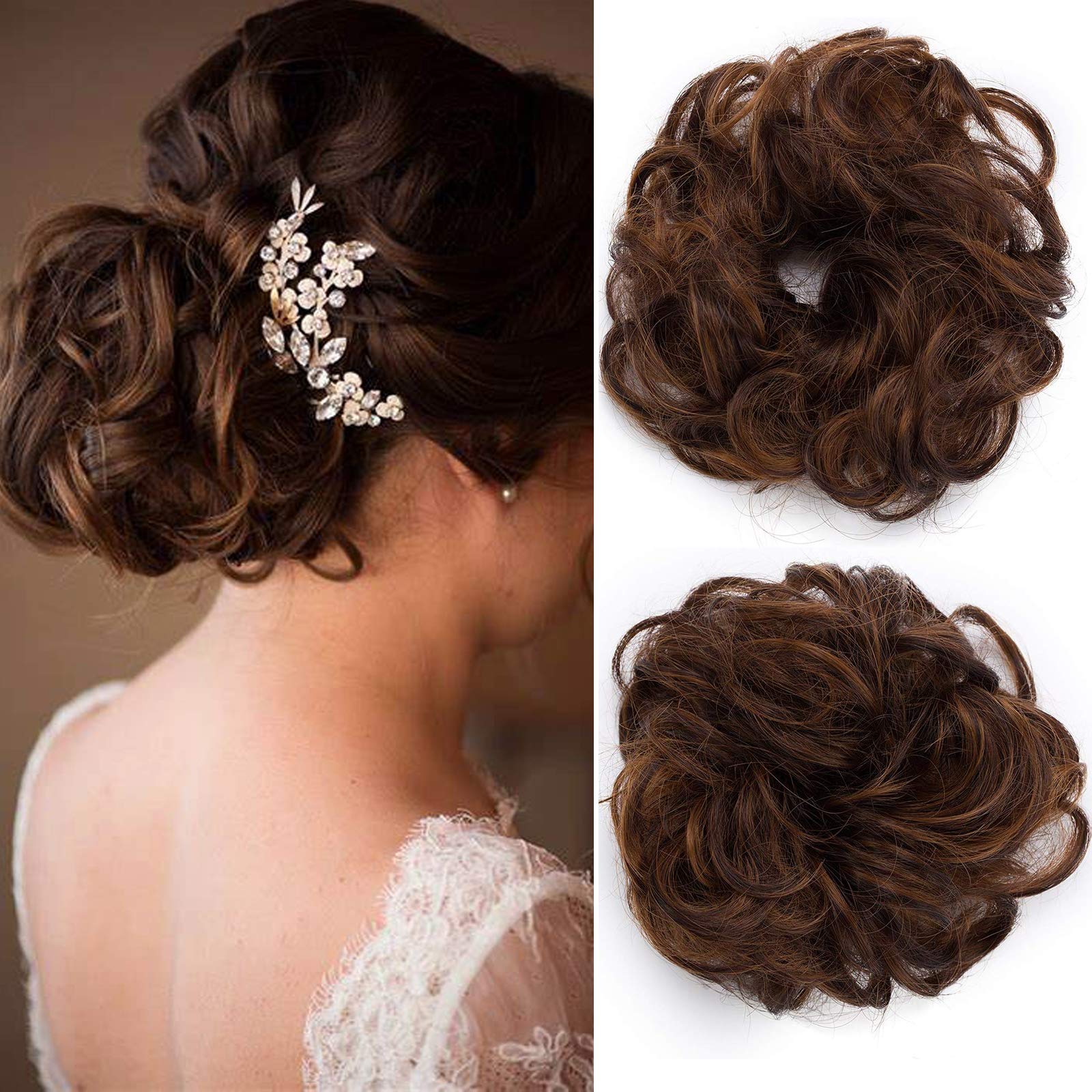Curly Wavy Hair Bun Ribbon - Light Auburn & Dark Brown, Scrunchy Scrunchie Hair Pieces Donut Chignon Ponytail — image 1