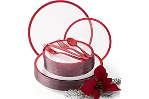 By Madee HEAVYWEIGHT 150 PC Christmas Plastic Plates and Cutlery | Clear and Red Christmas Dinnerware Set | Fancy Disposable Plates for Weddings, Birthdays & Holiday (25 Guests)