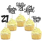 30Pcs 21st Birthday Cupcake Toppers Twenty One Legal 21st Cupcake Picks Cheers to 21 Years Old Cake Decorations for Anniversary Party Supplies Black Glitter