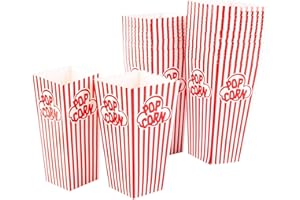 Popcorn Containers Boxes (100 Pack) - Striped White and Red Paper - for Home Movie Theater