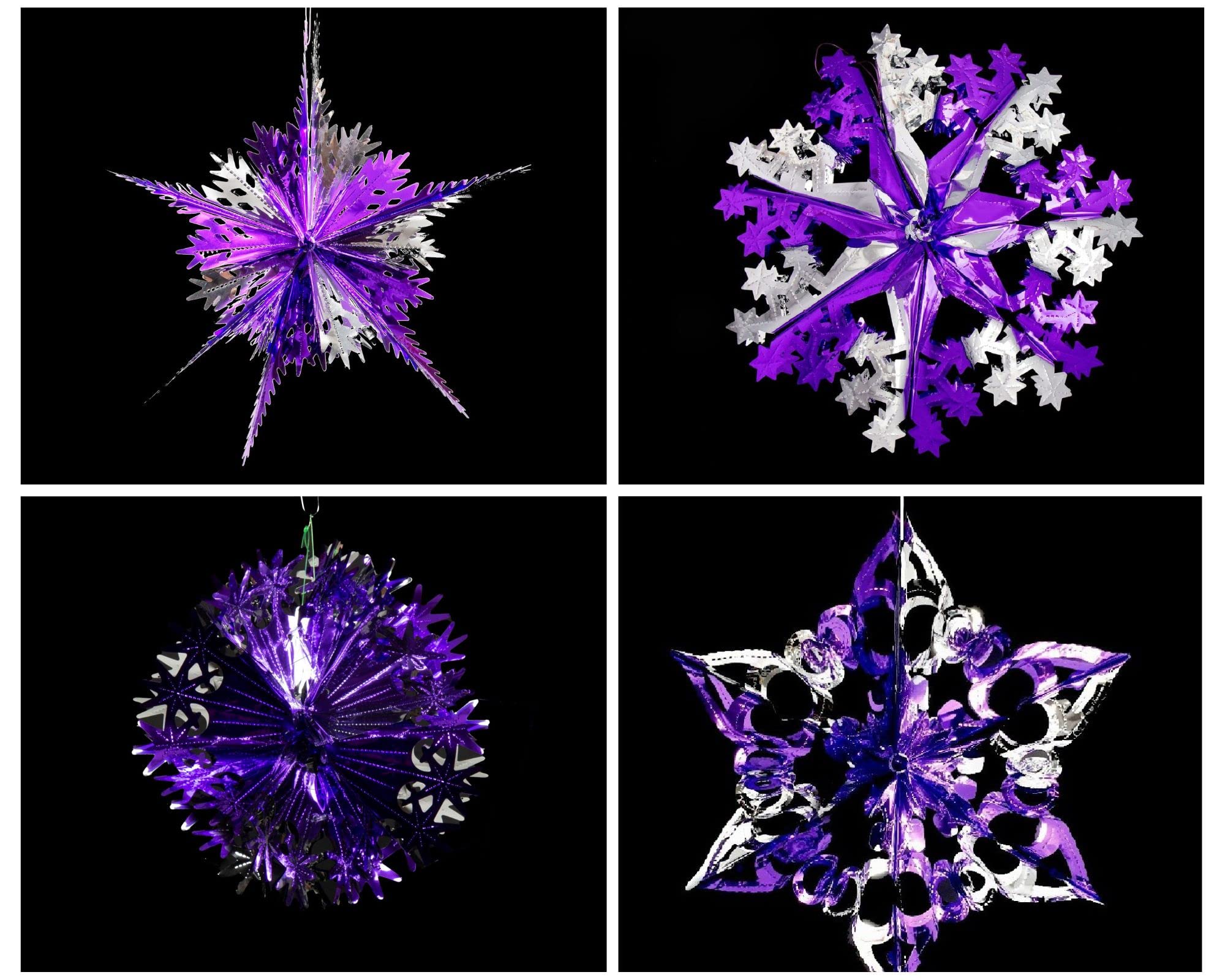 Simply Products Set of 4 40cm Christmas Foil Ceiling Garland Hanging Xmas Decoration, Long Star, Snowflake, Star Ball & Star (Dark Purple & Silver)