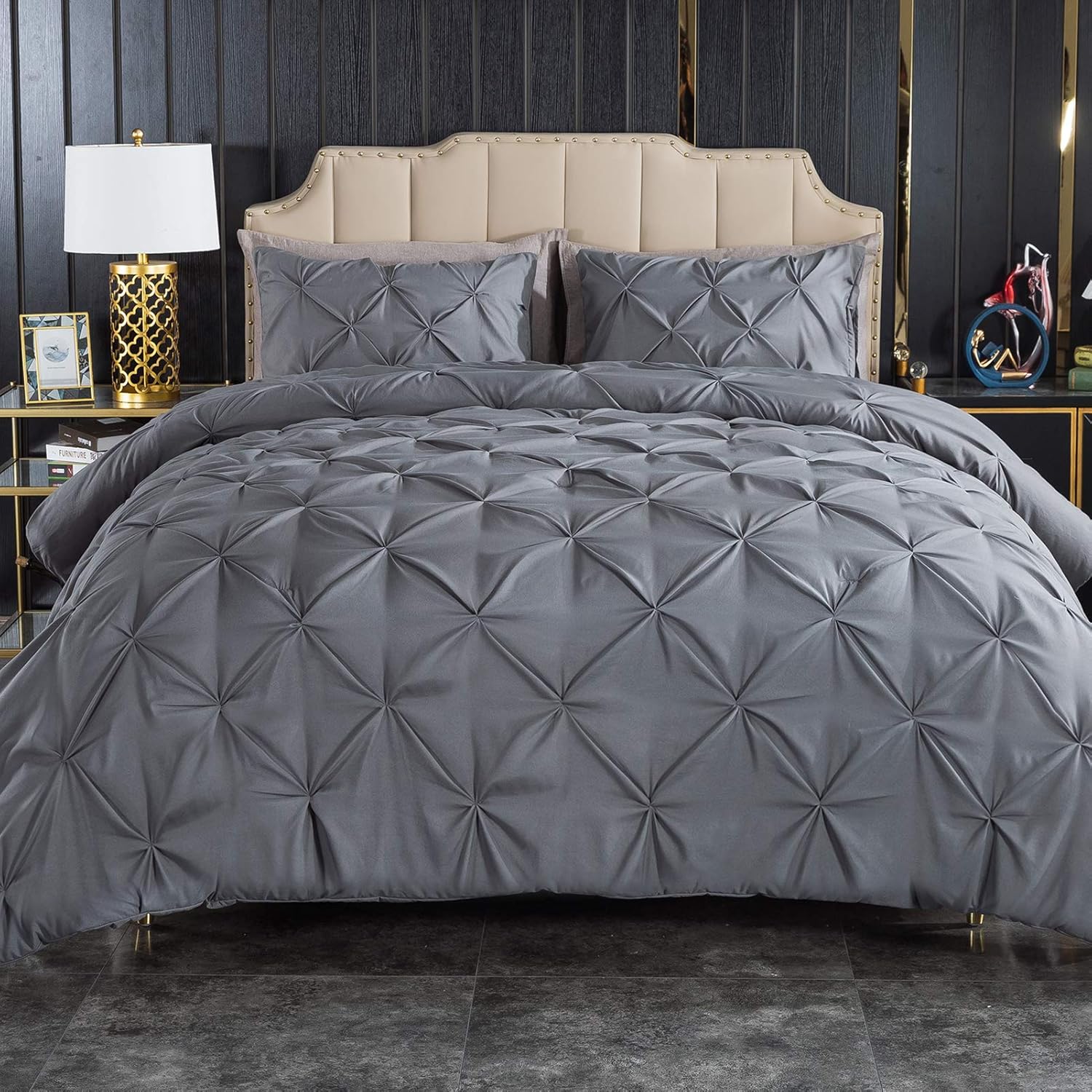 Andency Dark Gray Pinch Pleat Comforter Queen(90x90Inch), 3 Piece(1 Pintuck Comforter and 2 Pillowcases) Grey Pintuck Microfiber Down Alternative Comforter Bedding Set: Kitchen & Dining