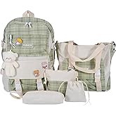 Mordelar 5Pcs Canvas School Backpack Combo Set with Kawaii Bear Pendant Cute Pins Plaid Check Handle Shoulder Bag Schoolbag