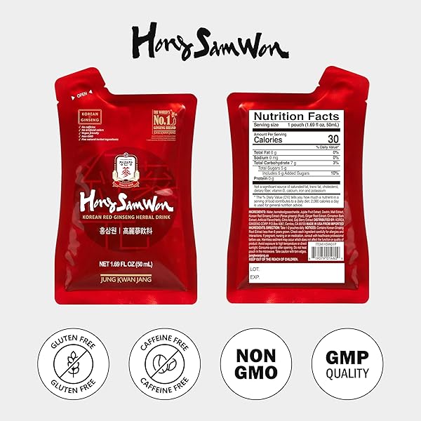 HONGSAMWON KOREAN RED GINSENG DRINK | ENERGY DRINK, PRE WORKOUT, HERBAL TEA, GINSENG SUPPLEMENT | KOREAN RED GINSENG EXTRACT, JUJUBE, GINGER, CINNAMON, GOJI BERRY | VEGAN FRIENDLY | 20 COUNT