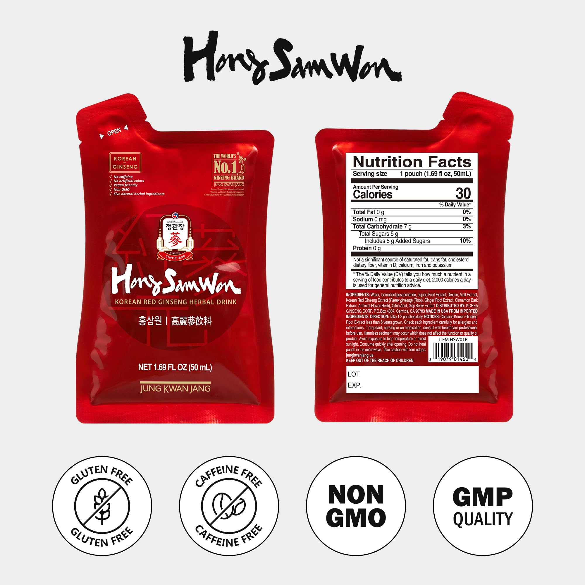 JUNG Kwan Jang Hong Sam Won Korean Red Ginseng Drink | Energy Drink, Pre Workout, Herbal Tea, Ginseng Supplement | Jujube, Ginger, Cinnamon, Goji Berry | Vegan Friendly (20 Count)