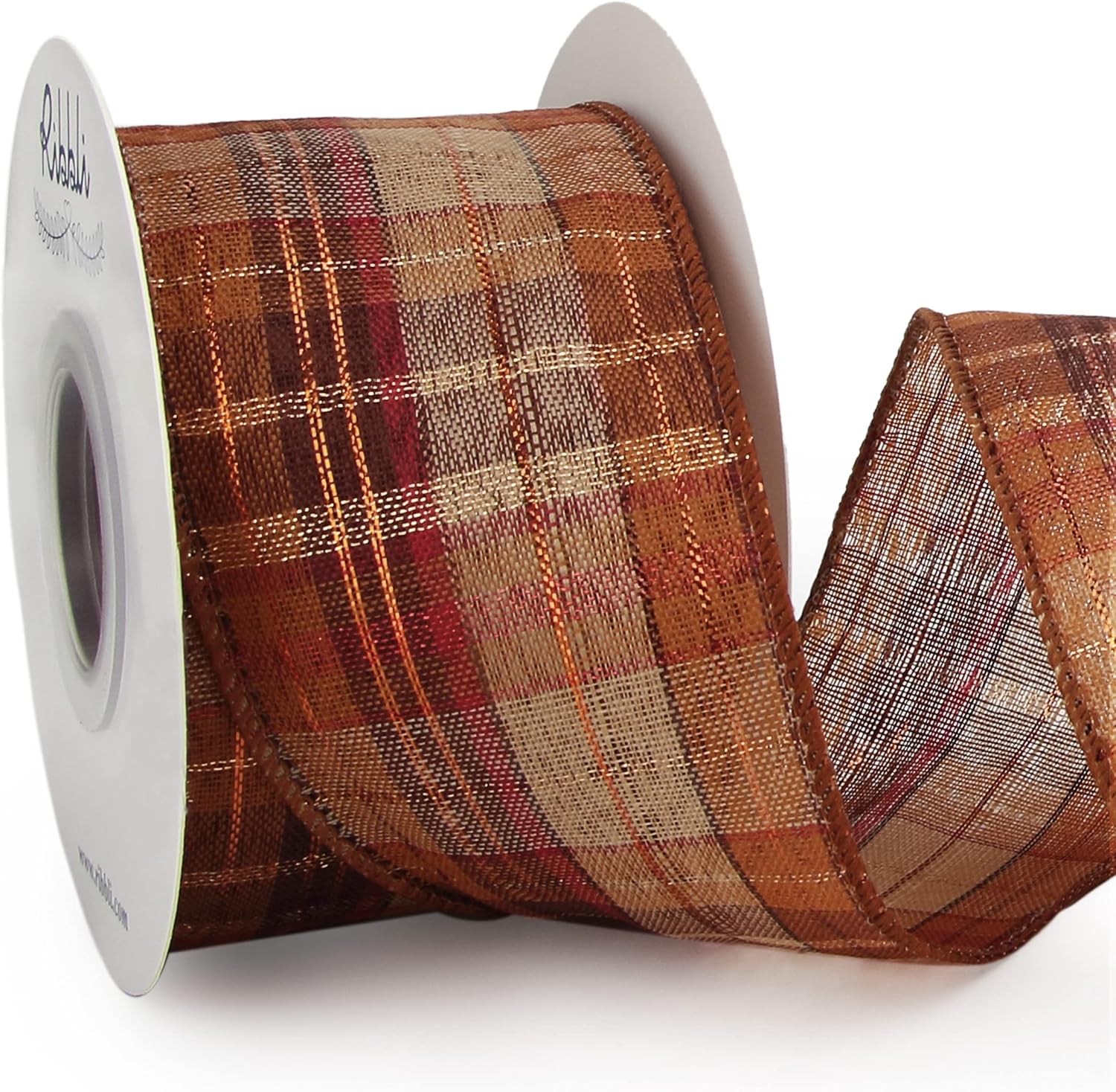 Bows & Ribbons - Ribbli Fall Burlap Wired Ribbon with Gold Foil, 2-1/2 Inch x 10 Yard,Fall Plaid Ribbon,Check Ribbon for Big Bow,Fall Wreath,Gift Wrapping, Copper/Burgundy/Brown