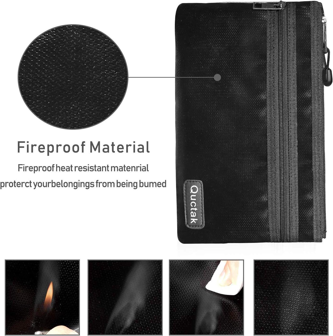 Fireproof Money Bag Two Pockets Two Zippers,Quctak Fireproof Safe Bag 10.6"x6.7" Waterproof and Fireproof Cash Bag Money Safe Pouch Storage for A5 Bank Deposit,Passport,Jewelry (1 Layer Protection): Office Products