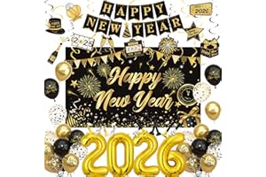 OUDDY PARTY New Years Eve Party Supplies 2026, 78Pcs Happy New Year Nye Party Decorations Includes Black and Gold Backdrop,Happy New Year Banner,2026 Foil Balloons,Hanging Swirls,Blowouts,Printed Balloons