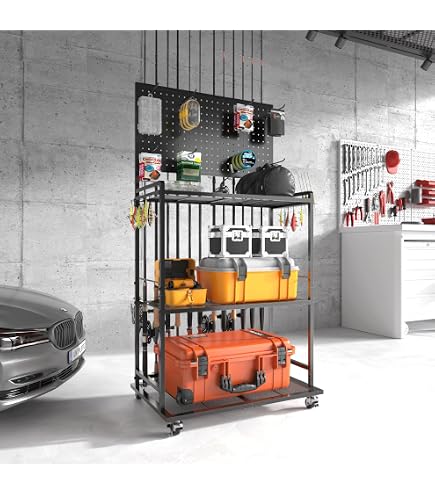 Rush Creek Creations Support Canne à Pêche 16 Emplacements - Étagère Murale Rotative Garage