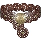 LEACOOLKEY Women's Boho Disc Belt Wide Western Leather Belt Vintage Concho Waist Belts for Dress Jeans