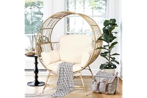 Fancyango Egg Chair Outdoor Indoor, Oversized Rattan Chair with Thicken Cushion, 350LBS Capacity Wicker Patio Lounge Chair, Basket Chair for Living Room Balcony Porch Backyard, Beige