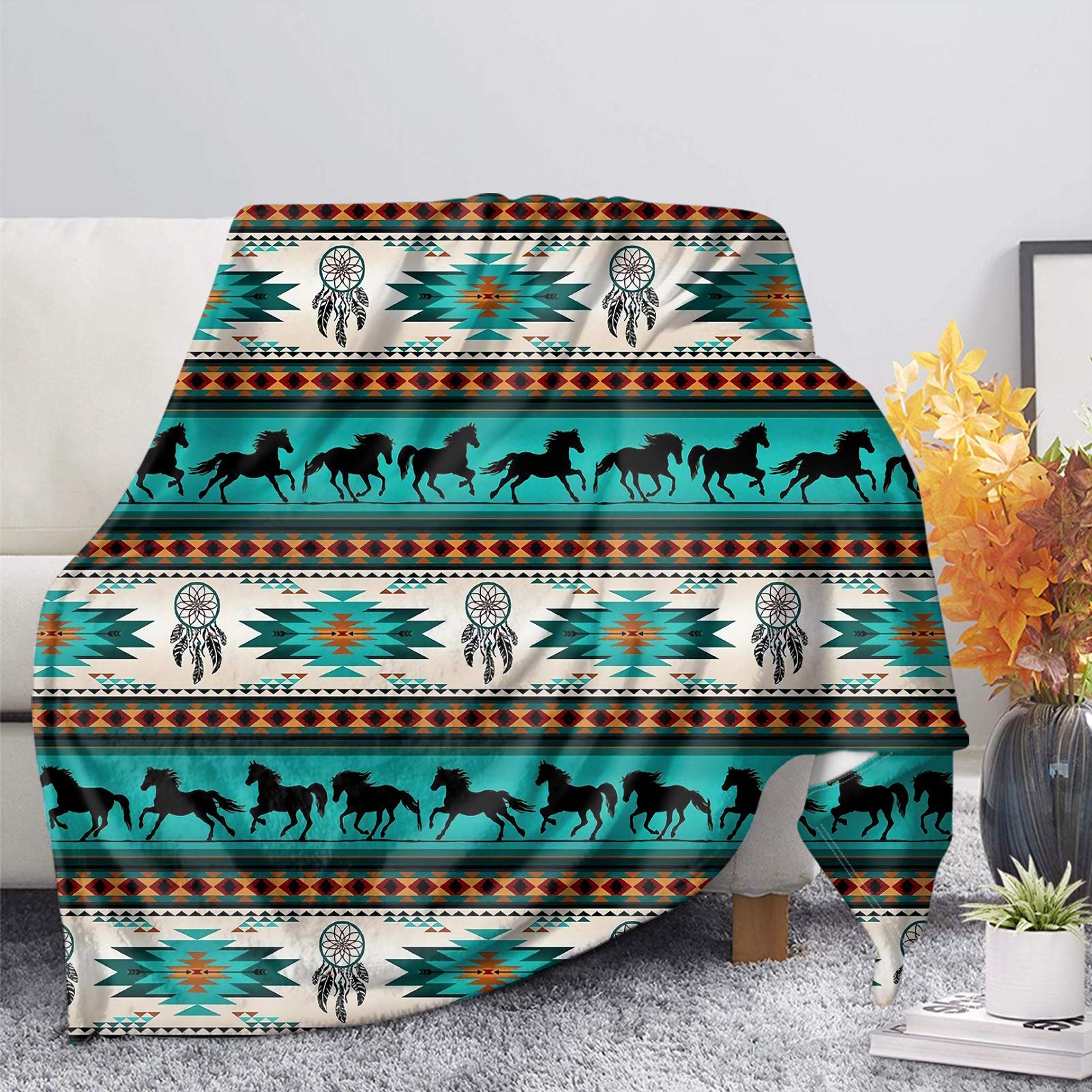COEQINE Turquoise Blankets for Couch Tribal Horse Pattern Throw Blankets for Bedroom Soft Cozy Warm Blanket and Throws for Women Men Boys Girls — image 1