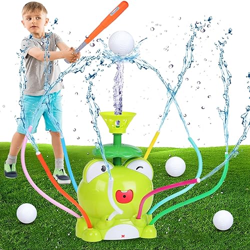 Gkstly Water Sprinkler for Kids Outdoor Play 2 in 1 Frog Sprinkler Tee Ball Set with with 4 Baseballs and Bat, Summer Water Toy Spray Sprinklers Yard Lawn Garden Game for Boys Girls Age 3+