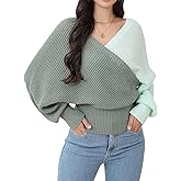 Women's Wrap V Neck Knit Sweaters Batwing Long Sleeve Cross Front Drop Shoulder Fall Pullover Tops