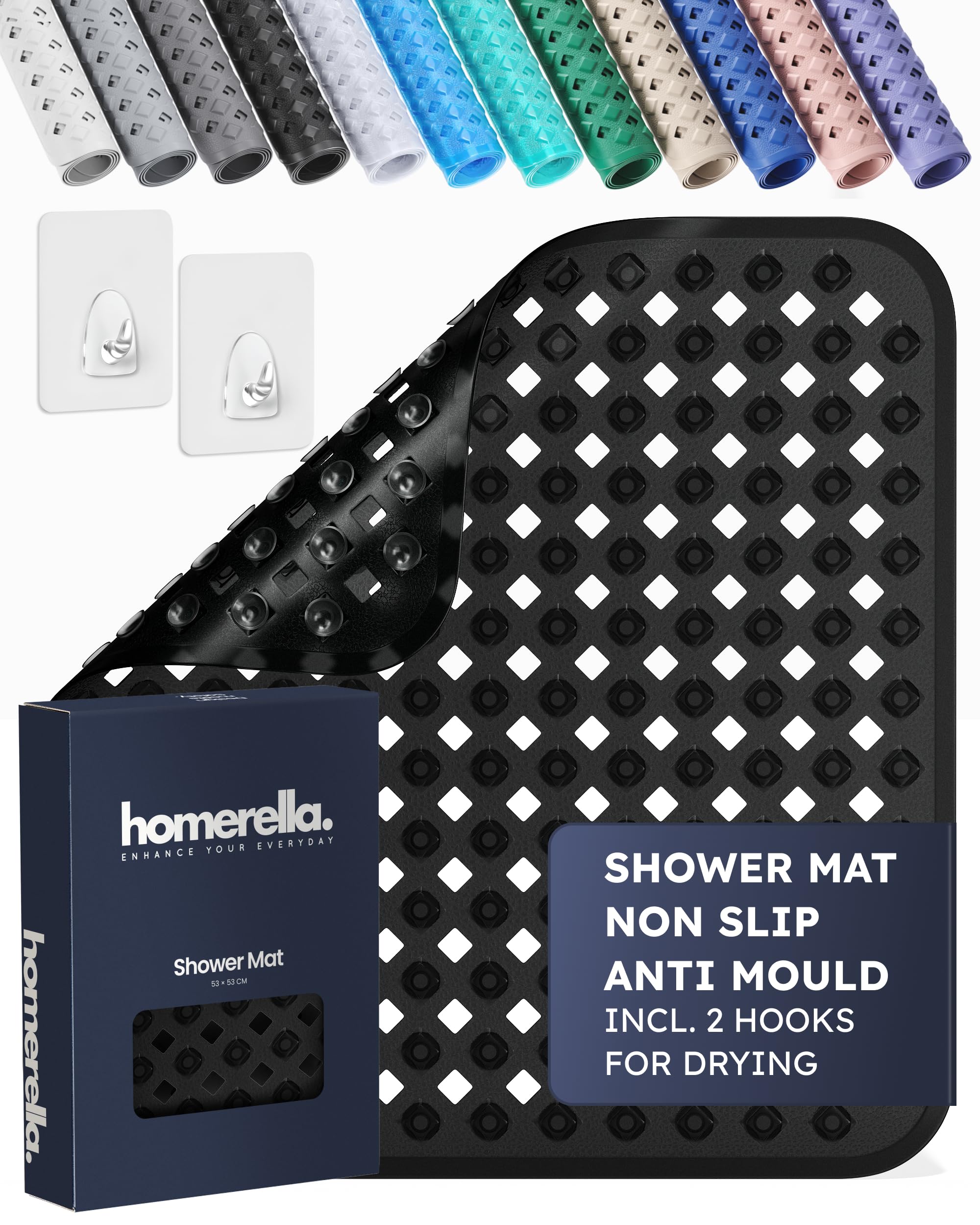 homerella® Shower Mat Non Slip Anti Mould 53 x 53 cm, INCL. Hooks for Drying, Bath Mat Non Slip Anti Mould, Shower Mats for Inside Shower, BPA-Free and Machine Washable for Children and Elderly