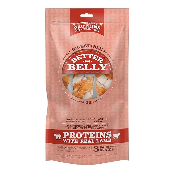 BETTER BELLY HIGHLY DIGESTIBLE RAWHIDE BRAIDS CHEWS, LAMB, TREAT YOUR DOG TO A CHEW WITH NO ARTIFICIAL COLORS OR FLAVORS, 3 COUNT