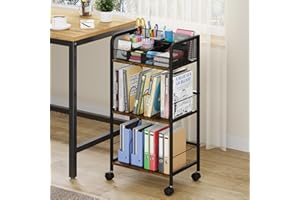 YOCIYOGA 3-Tier Rolling File Cart, Office Utility Book Carts with Divider, Filing Cabinet with DIY Stationery Organizer, Rolling Bookshelf with Lockable Wheels to Storage Files, iPad, Laptop in Classroom/Home