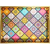 Colorful Floral Serving Tray with Handles, Plastic Decorative Tray, Rectangular Coffee Table Tray for Ottoman, Storage Trays for Bathroom, Living Room Decor
