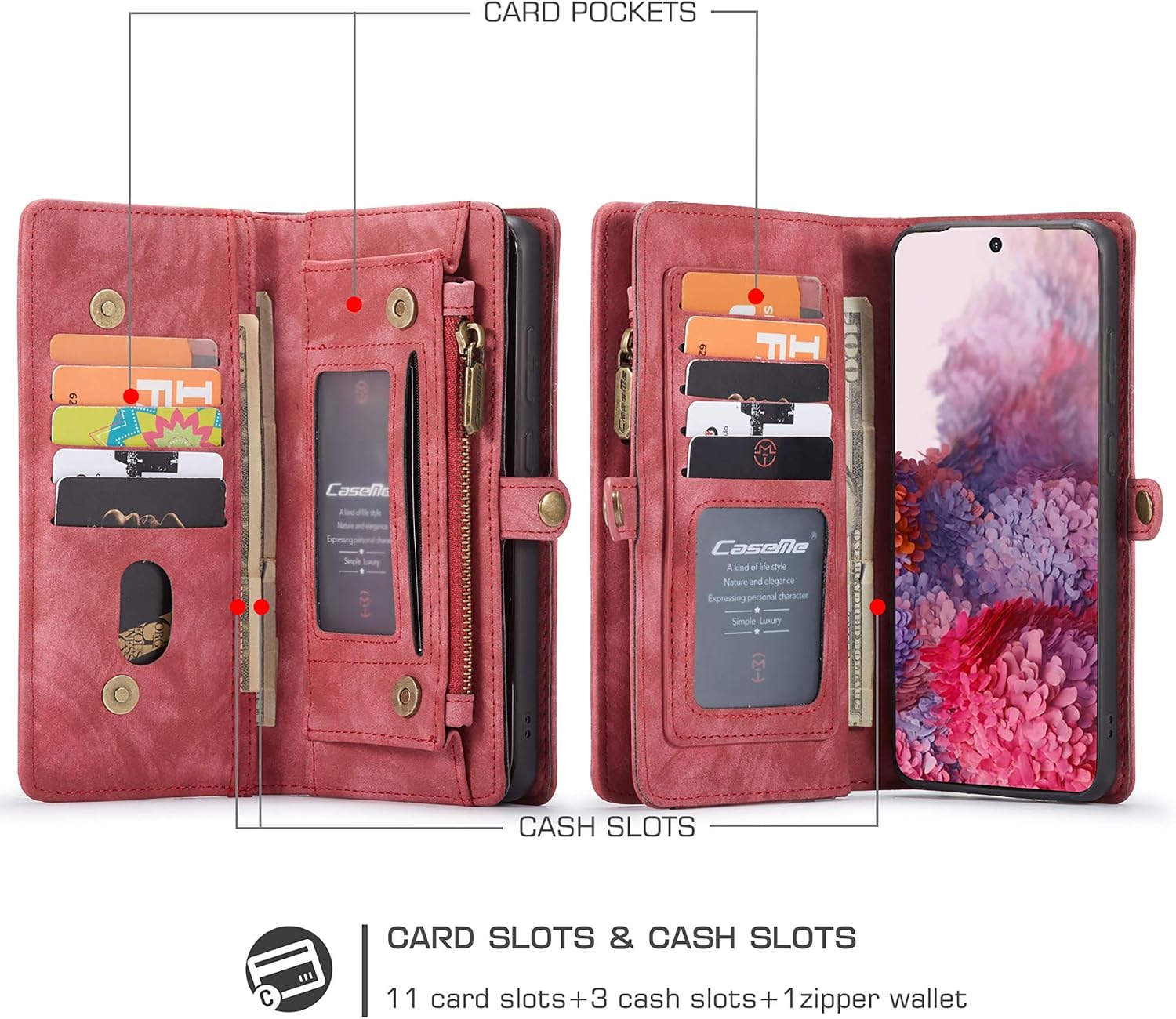 UFinetech Detachable Samsung Galaxy S20 FE Case Wallet Leather TPU Magnetic Flip Slot Card Holder Zipper Stylish 2020 Luxury 2-in-1 Multifunction Purse Holster Cover for Samsung Galaxy S20 FE 5G Red - Image 3