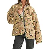 Dqbeng Womens Floral Sherpa Fleece Jacket Long Sleeve Button Up Oversized Casual Teddy Coats Outerwear with Pockets