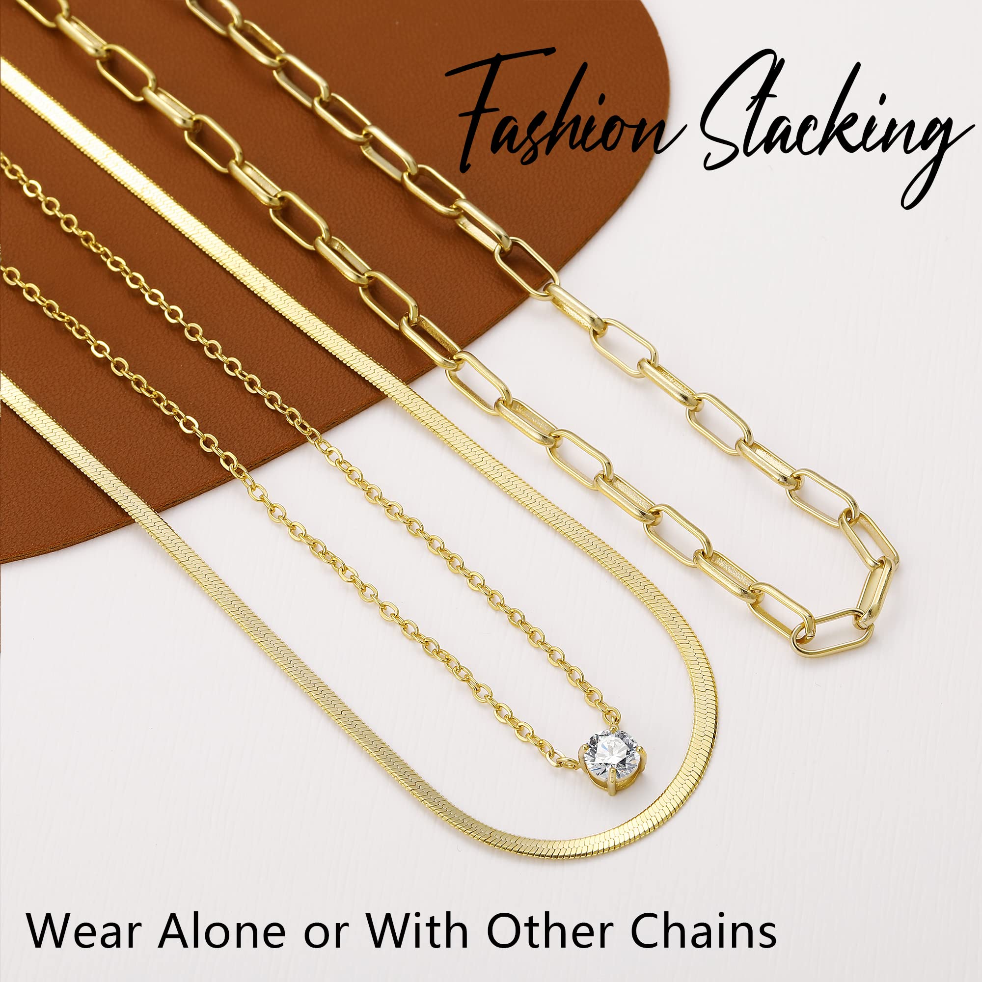 17 MILE Gold Layered Choker Necklace for Women, 14K Real Gold Plated CZ Pendant Necklace, Dainty Flat Snake Chain Layering Necklace for Gift