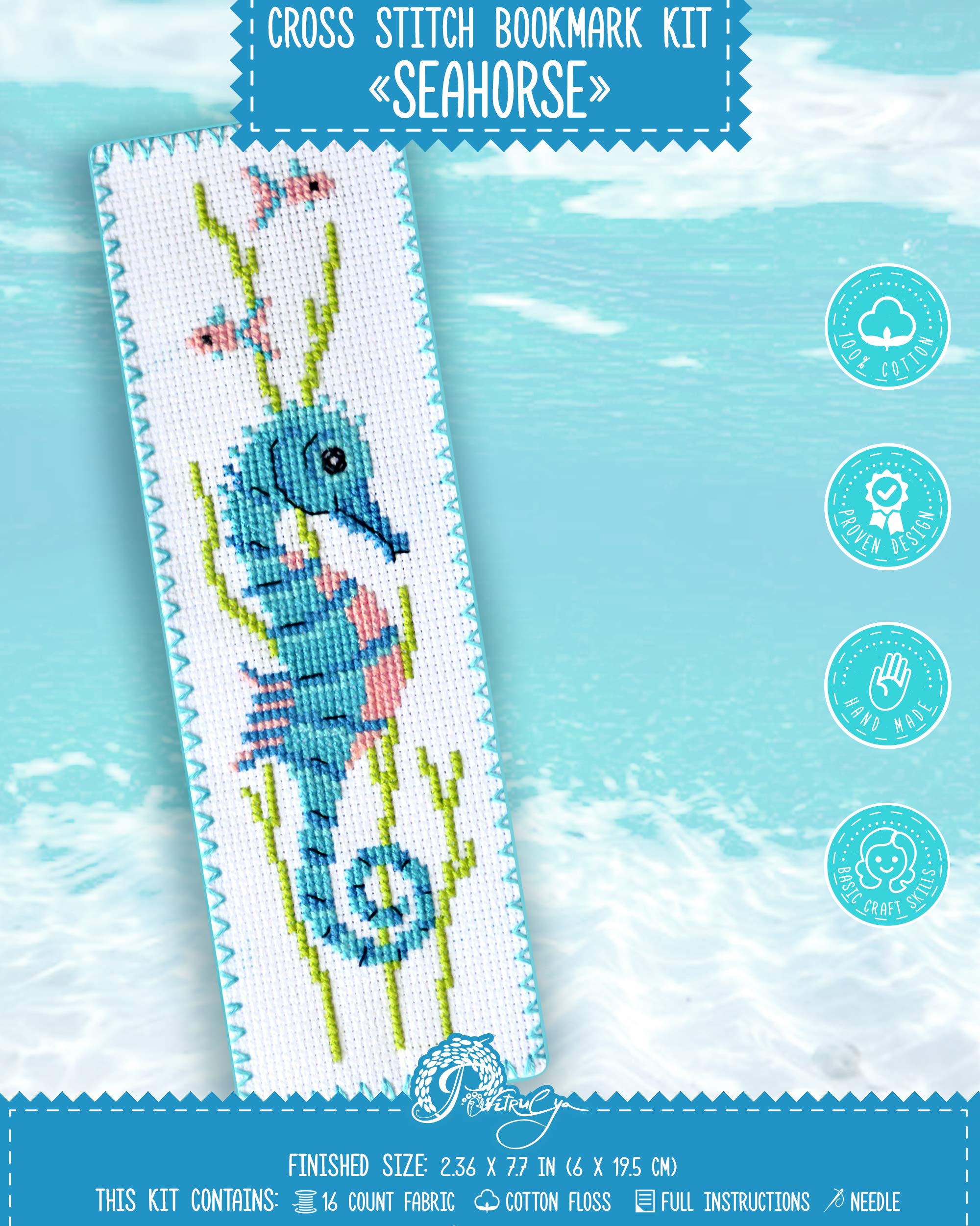 Povitrulya Seahorse Cross Stitch Bookmark Kit - Embroidery Set for DIY Book Marker