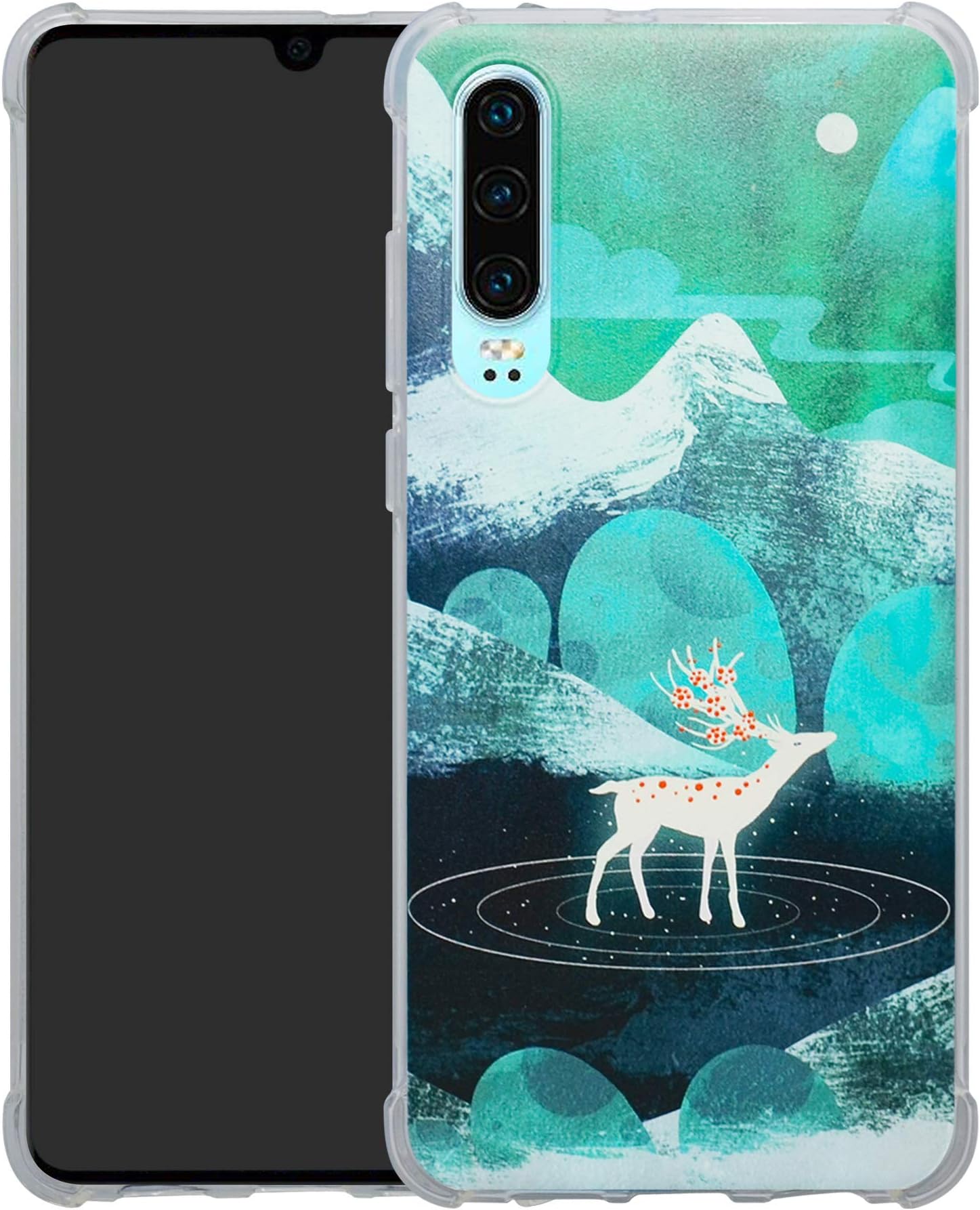 HHDY Compatible with Huawei P30 Case,[Ultra Lightweight] Reinforced [4-Corners Bumper] Flexible TPU [Pattern Design] Cover for Huawei P30,Green Sika Deer