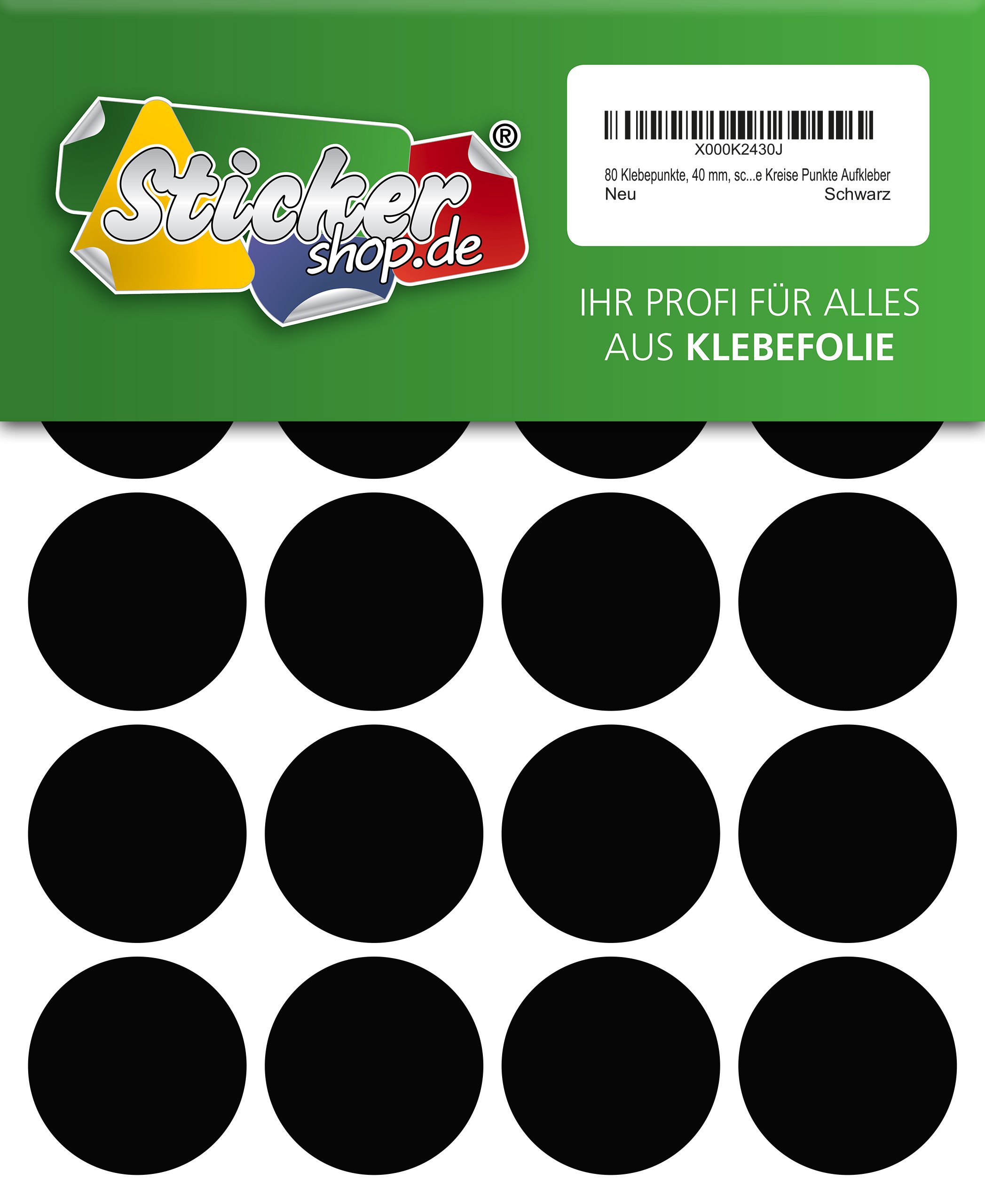 WP Klebepunkte 40 mm Adhesive Dots, 80 Pieces, Black, Weatherproof, PVC Film, Circles, Marking Stickers