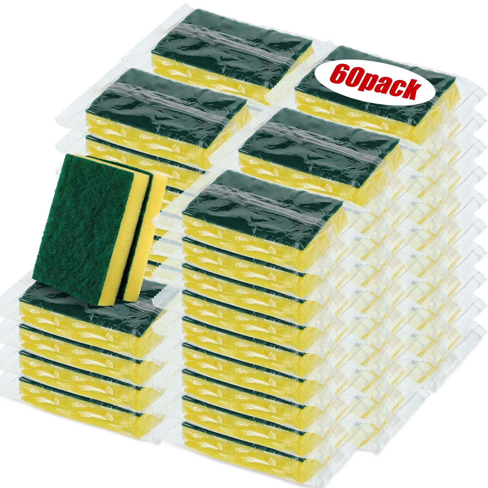 Photo 1 of Tanlade 60 Pcs Individually Wrapped Sponge Dishwashing Sponge Bulk Non Scratch Scrub Sponges Kitchen Scouring Pad for Household Cleaning Rental Dishes Hotel Apartment Car (Yellow,Green)