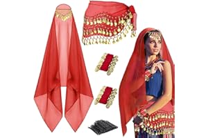 GZJINYUAN 4Pcs Belly Dancer Outfit Sets, Chiffon Head Scarf,Belly Dance Hip Scarf, 2 Coin Wrist Bracelets, 50 Bobby Pins