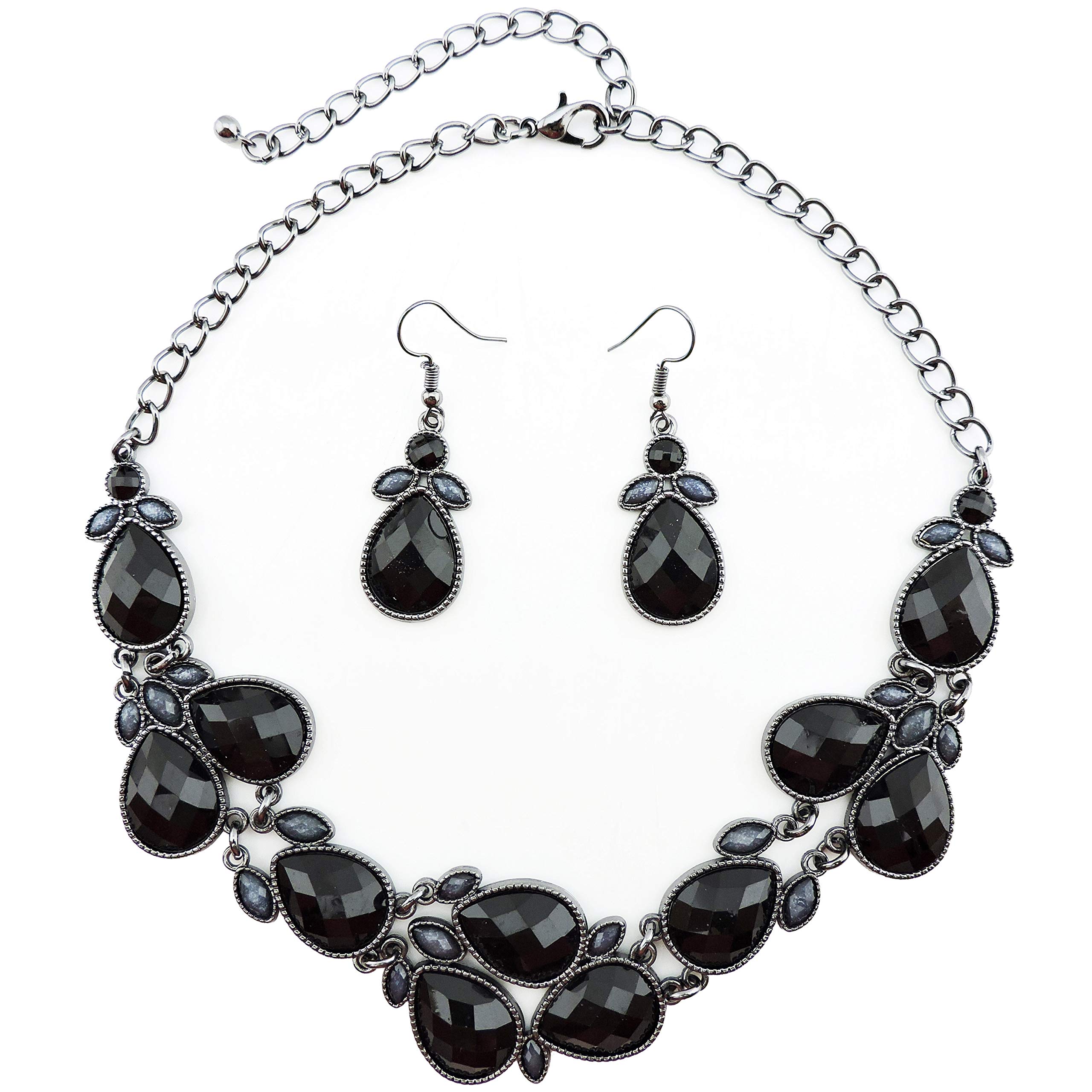 Firstmeet Shiny Resin Water Drop Collar Necklace with Earrings(XL-1100-Black-qh)