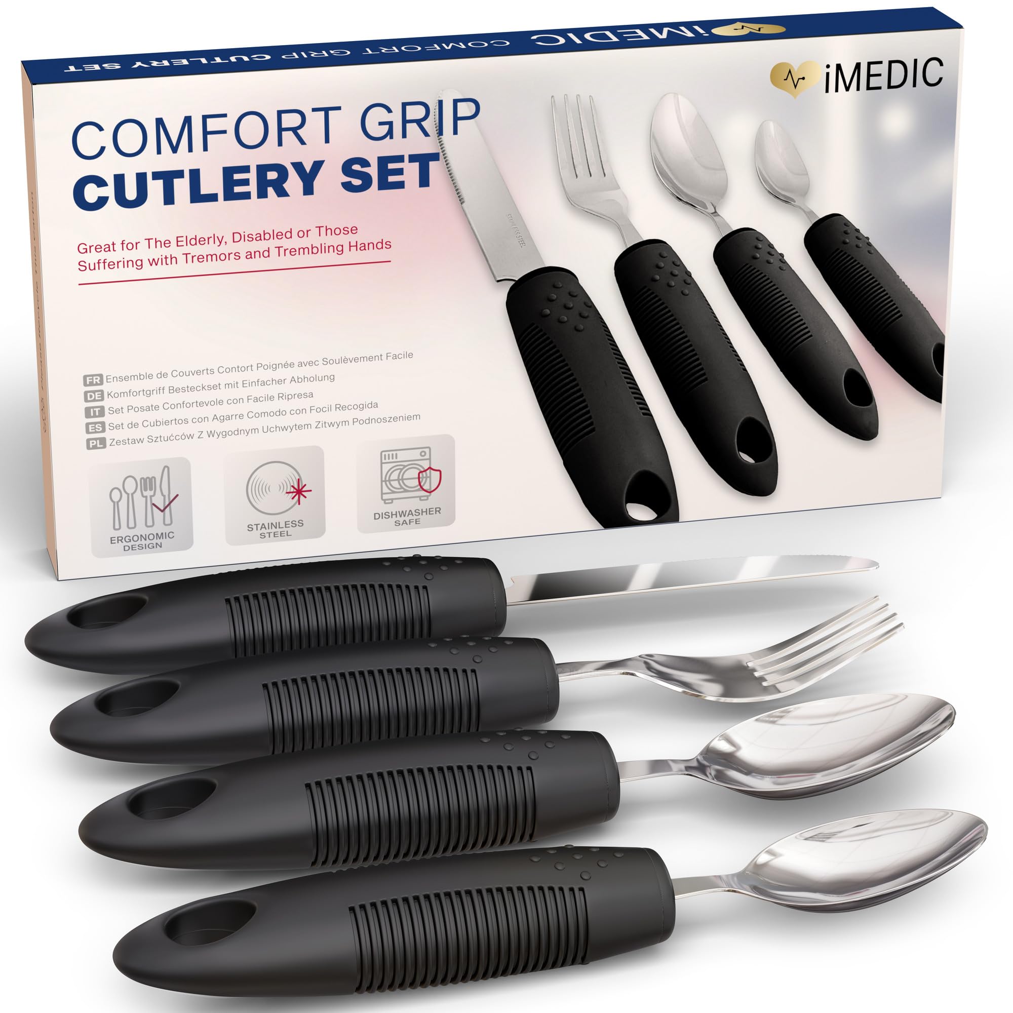 iMedic Easy Grip Cutlery for Arthritic Hands Black (1 Pack) – Adaptive Utensils Designed to Support Disabled Adults – Weighted Tableware Set – Caring Aid for Tremors, Parkinson’s