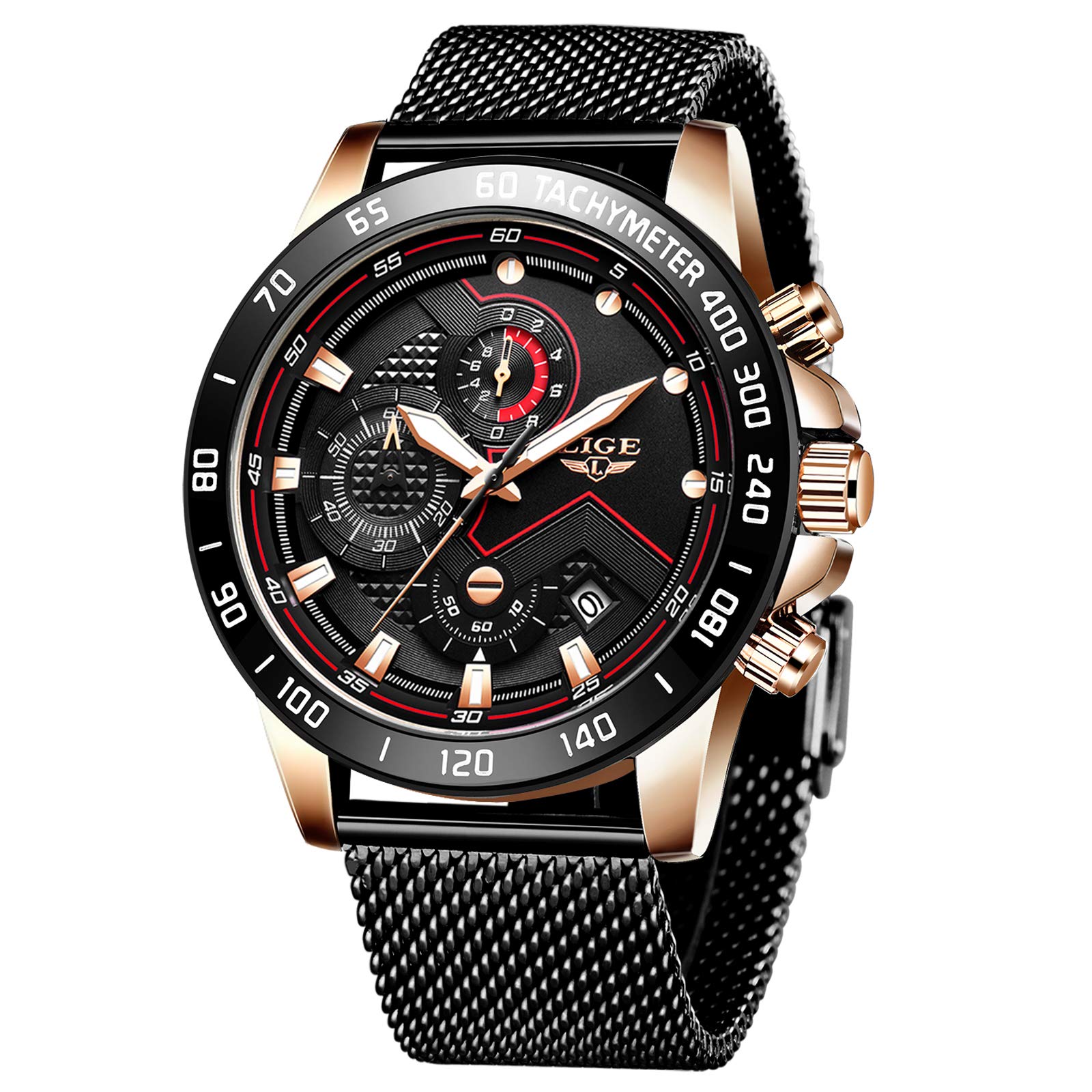 LIGE Men's Stainless Steel Chronograph Waterproof Sport Analog Quartz Watches Mesh Band Black Dial Date Fashion Casual Dress Wrist Watch Rose Gold Black