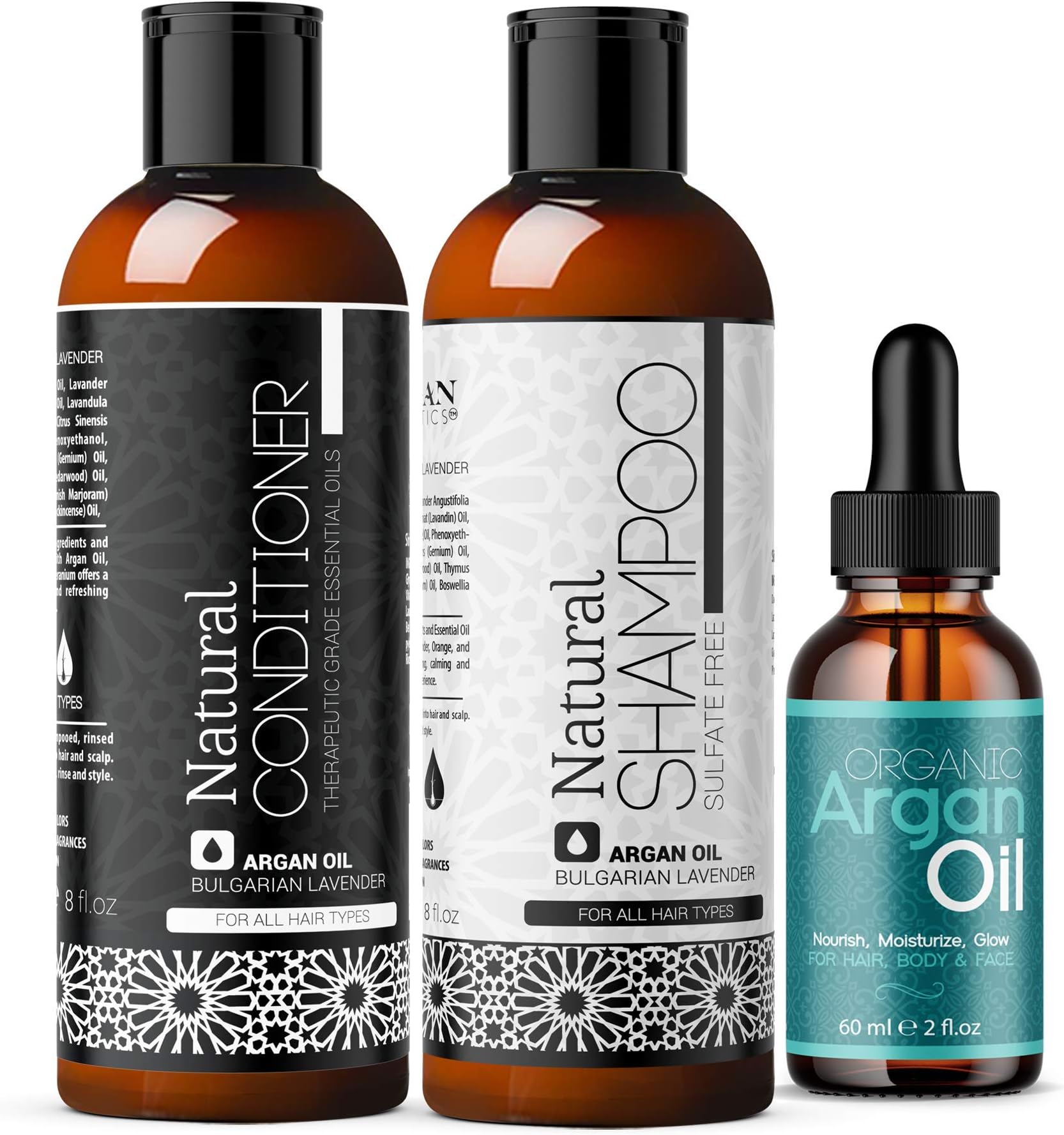 Argan Oil, Sulfate Free Shampoo and Natural Conditioner, 3 Pack Bundle