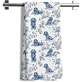 Nipi Chinoiserie Cavalier King Charles Spaniel Kitchen Towels, Grandmillennial Dog Hand Towels for Kitchen Bathroom, Blue and White Floral Cavalier Spaniel Decorative Dish Tea Towels, 16x24 Inch